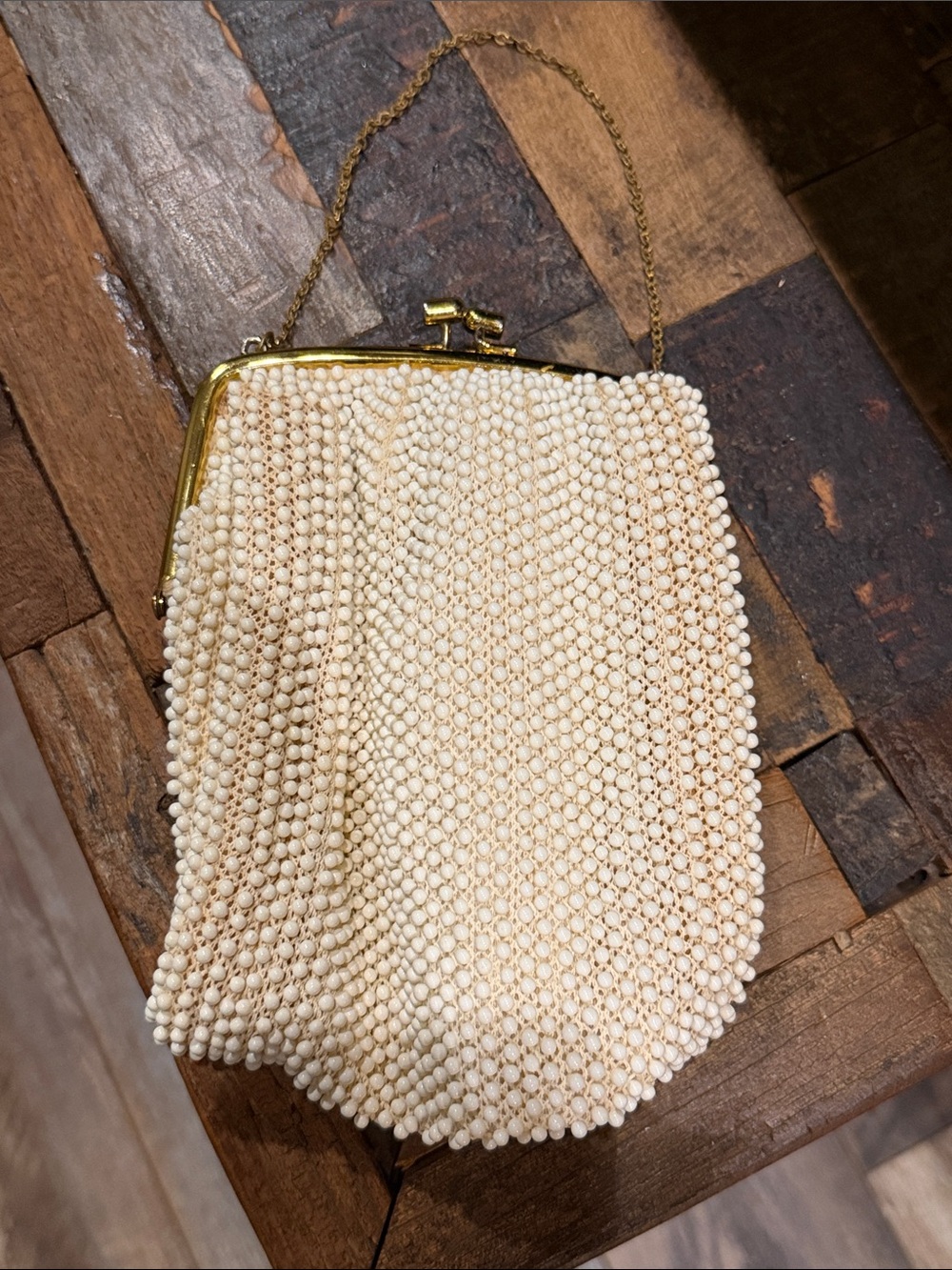 Vintage Ivory Beaded Evening Clutch with Gold Frame, Chain & Kiss Clasp